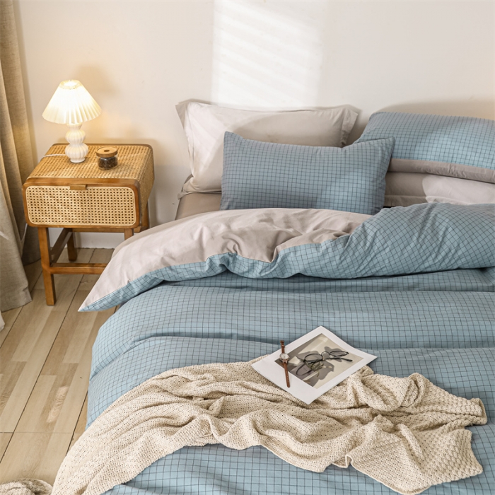 91家纺网 家纺一手货源 找家纺 蓝巢 2021新款全棉色织水洗棉四件套 雾蓝小格