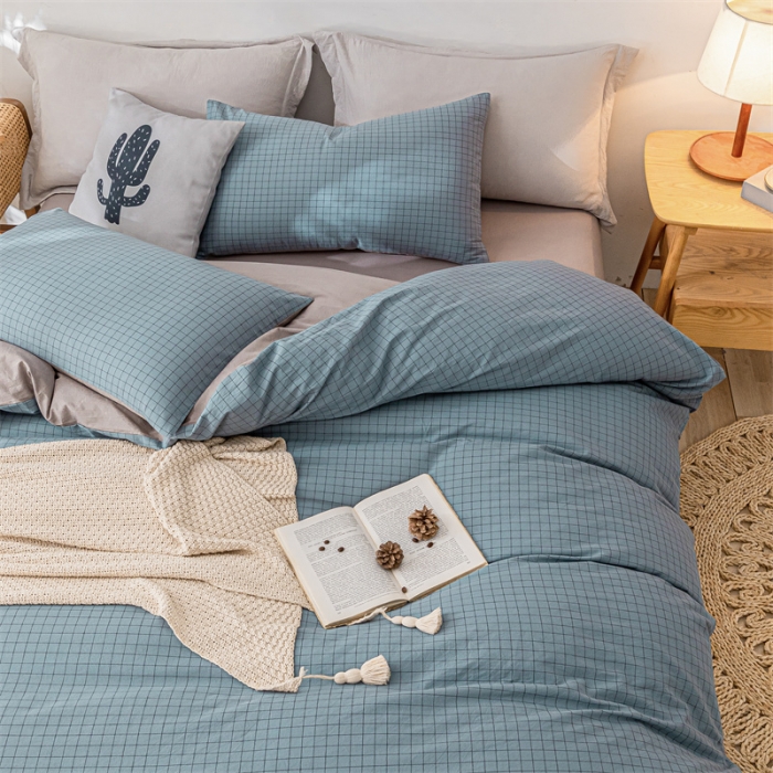 91家纺网 家纺一手货源 找家纺 蓝巢 2021新款全棉色织水洗棉四件套 雾蓝小格