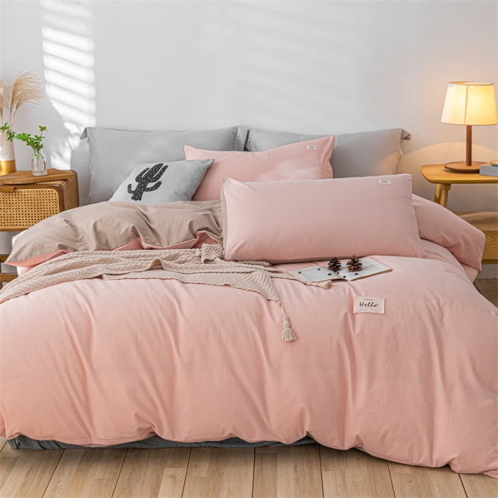 91家纺网 家纺一手货源 找家纺 蓝巢 2021新款全棉色织水洗棉单被套 粉卡其