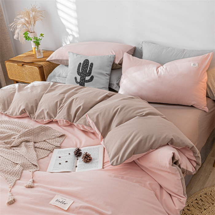 91家纺网 家纺一手货源 找家纺 蓝巢 2021新款全棉色织水洗棉单被套 粉卡其
