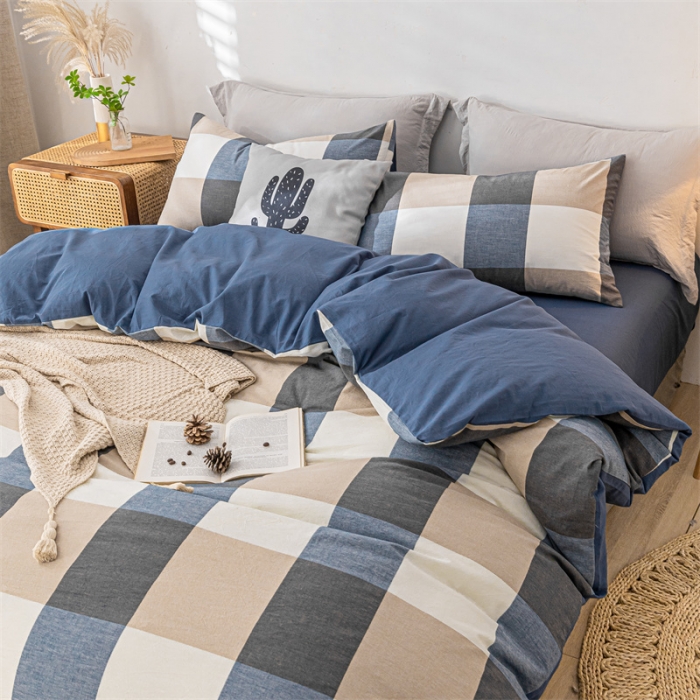 91家纺网 家纺一手货源 找家纺 蓝巢 2021新款全棉色织水洗棉单被套 蓝调格