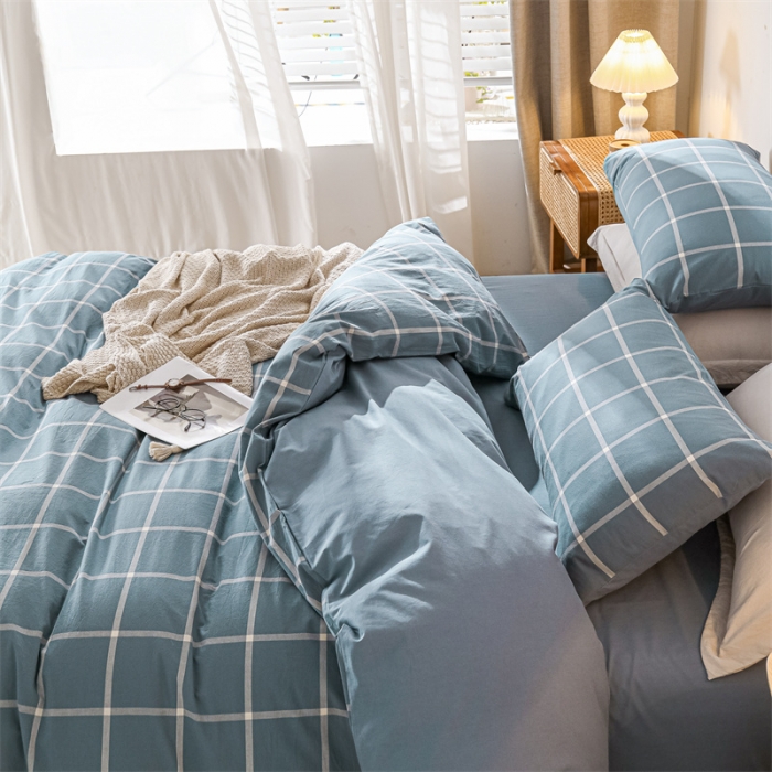 91家纺网 家纺一手货源 找家纺 蓝巢 2021新款全棉色织水洗棉单被套 蓝灰大格