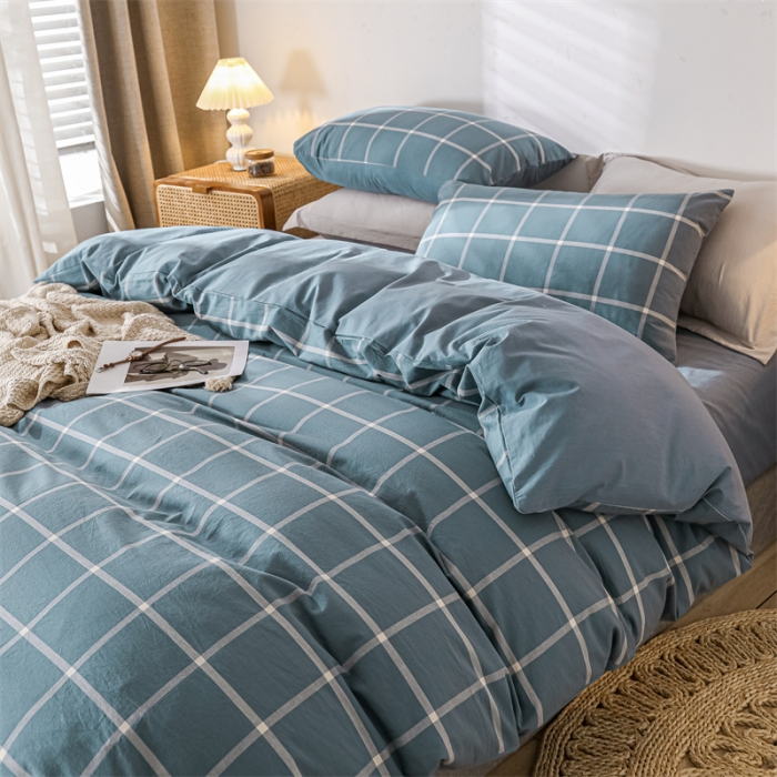 91家纺网 家纺一手货源 找家纺 蓝巢 2021新款全棉色织水洗棉单被套 蓝灰大格