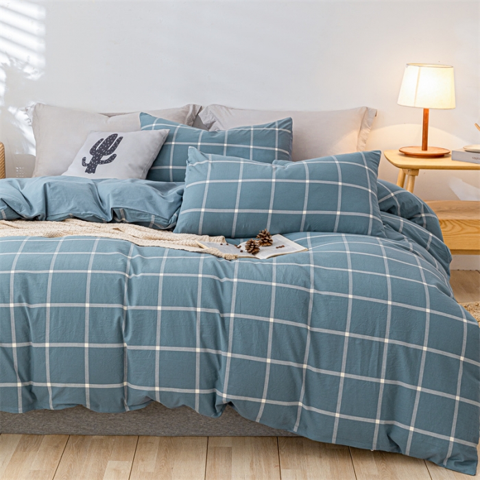 91家纺网 家纺一手货源 找家纺 蓝巢 2021新款全棉色织水洗棉单被套 蓝灰大格