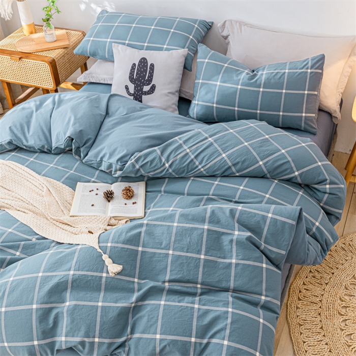 91家纺网 家纺一手货源 找家纺 蓝巢 2021新款全棉色织水洗棉单被套 蓝灰大格