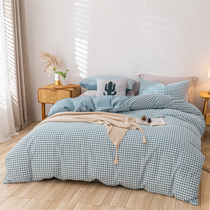 91家纺网 家纺一手货源 找家纺 蓝巢 2021新款全棉色织水洗棉单被套 蓝小格