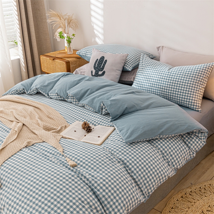 91家纺网 家纺一手货源 找家纺 蓝巢 2021新款全棉色织水洗棉单被套 蓝小格