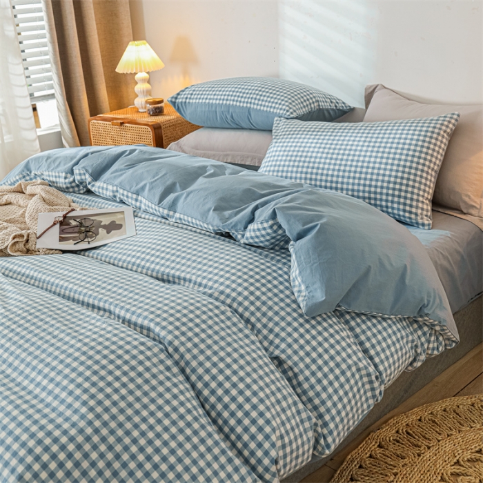 91家纺网 家纺一手货源 找家纺 蓝巢 2021新款全棉色织水洗棉单被套 蓝小格