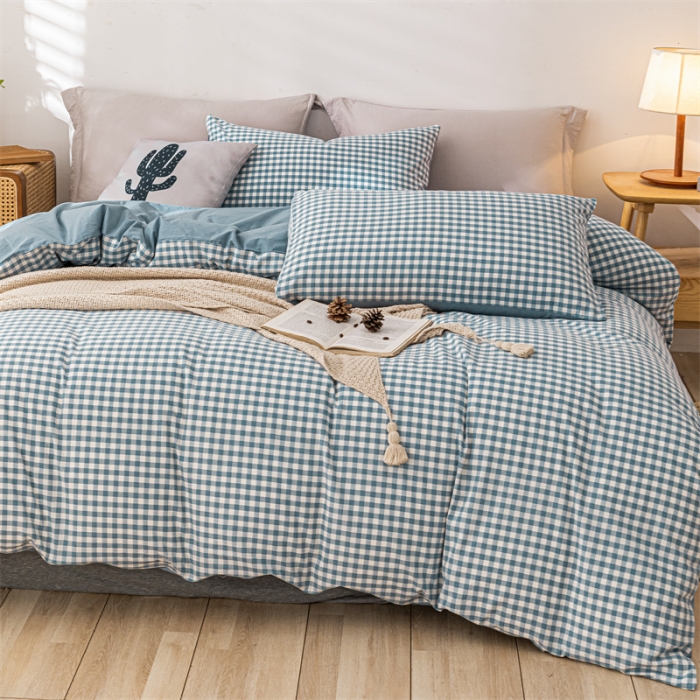 91家纺网 家纺一手货源 找家纺 蓝巢 2021新款全棉色织水洗棉单被套 蓝小格