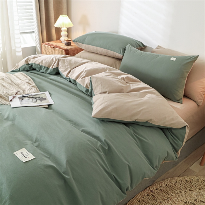 91家纺网 家纺一手货源 找家纺 蓝巢 2021新款全棉色织水洗棉单被套 绿卡其
