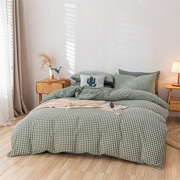 91家纺网 家纺一手货源 找家纺 蓝巢 2021新款全棉色织水洗棉单被套 绿小格