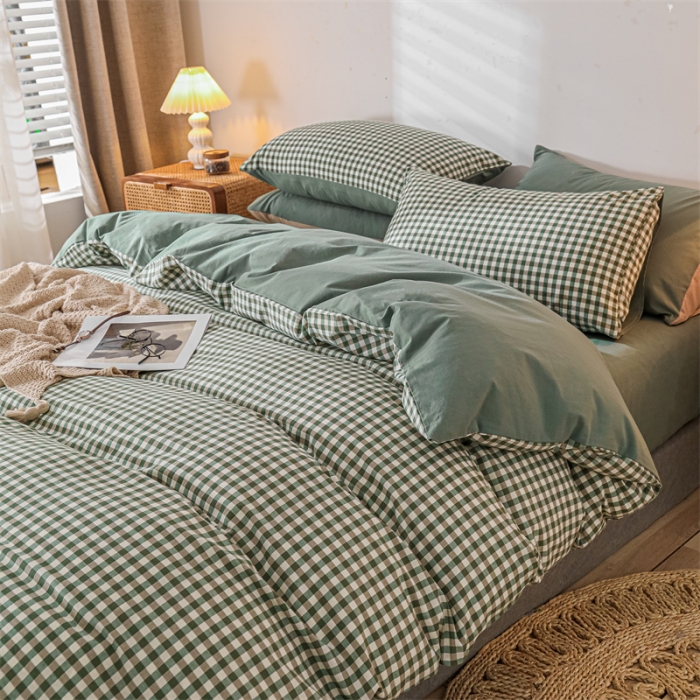 91家纺网 家纺一手货源 找家纺 蓝巢 2021新款全棉色织水洗棉单被套 绿小格