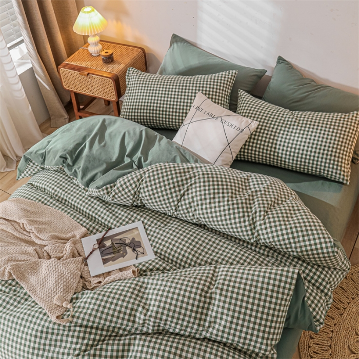 91家纺网 家纺一手货源 找家纺 蓝巢 2021新款全棉色织水洗棉单被套 绿小格
