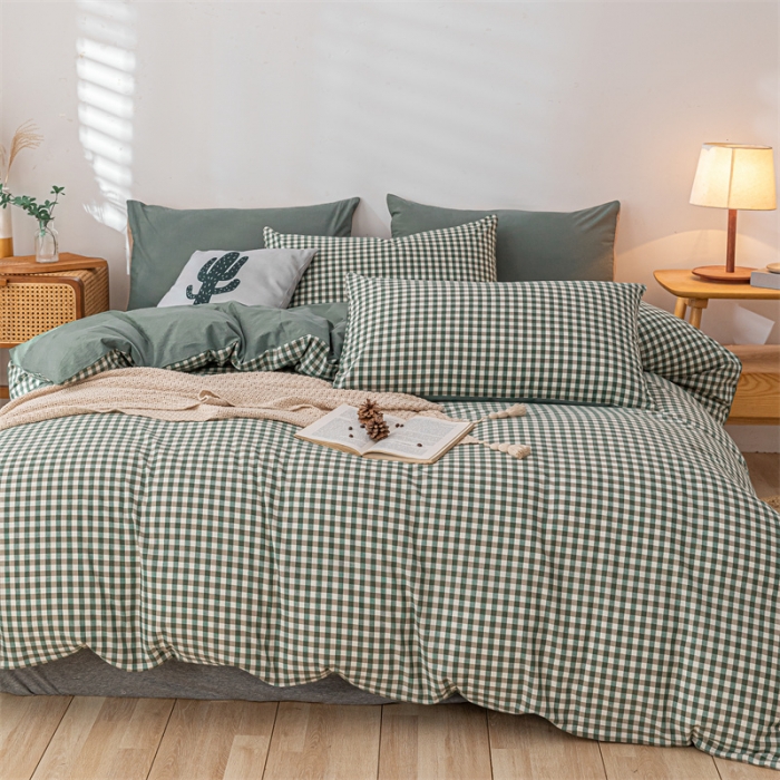 91家纺网 家纺一手货源 找家纺 蓝巢 2021新款全棉色织水洗棉单被套 绿小格