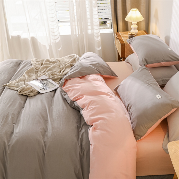 91家纺网 家纺一手货源 找家纺 蓝巢 2021新款全棉色织水洗棉单被套 浅灰粉
