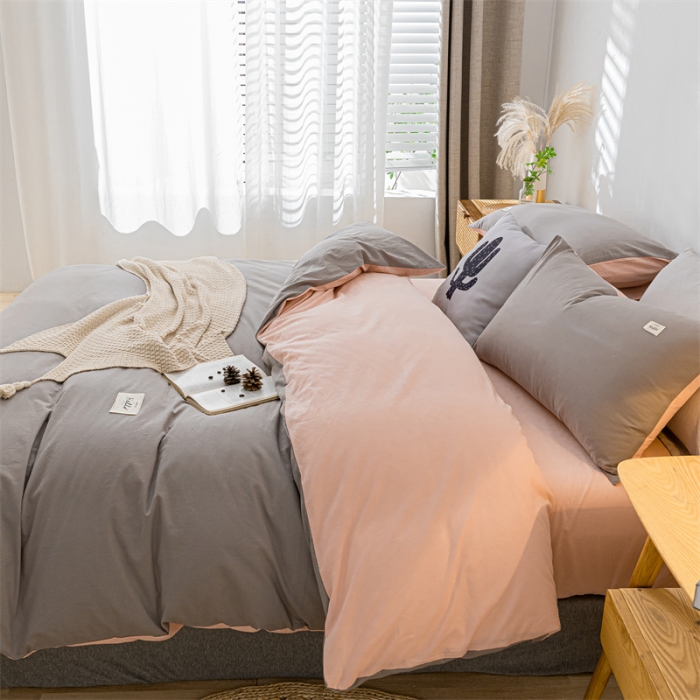 91家纺网 家纺一手货源 找家纺 蓝巢 2021新款全棉色织水洗棉单被套 浅灰粉