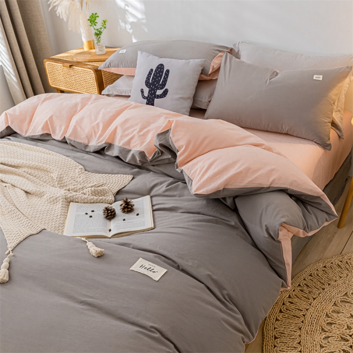 91家纺网 家纺一手货源 找家纺 蓝巢 2021新款全棉色织水洗棉单被套 浅灰粉
