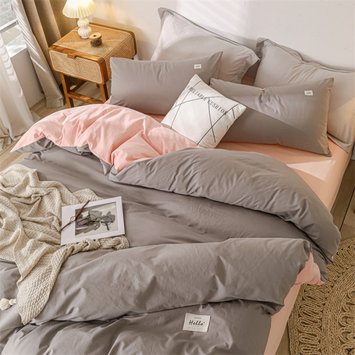 91家纺网 家纺一手货源 找家纺 蓝巢 2021新款全棉色织水洗棉单被套 浅灰粉