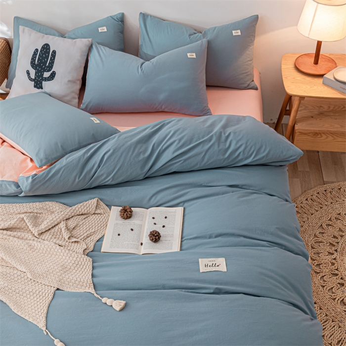 91家纺网 家纺一手货源 找家纺 蓝巢 2021新款全棉色织水洗棉单被套 浅蓝粉