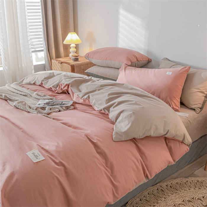 91家纺网 家纺一手货源 找家纺 蓝巢 2021新款全棉色织水洗棉单被套 珊瑚红卡其
