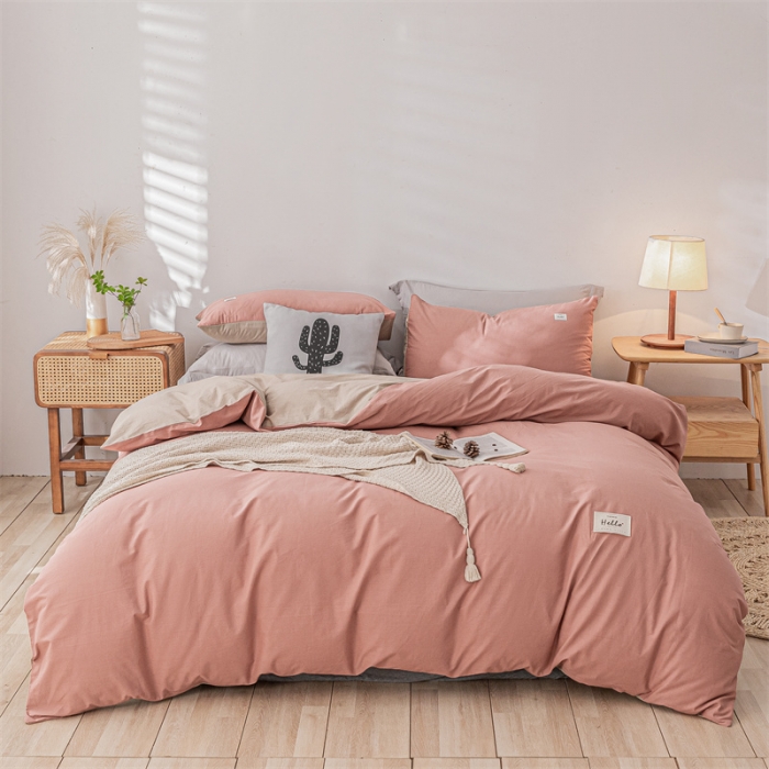 91家纺网 家纺一手货源 找家纺 蓝巢 2021新款全棉色织水洗棉单被套 珊瑚红卡其