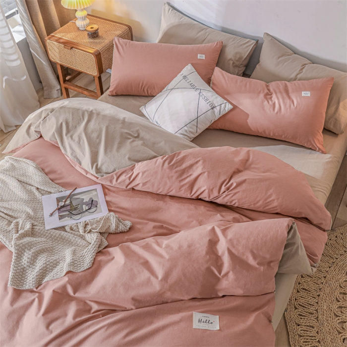 91家纺网 家纺一手货源 找家纺 蓝巢 2021新款全棉色织水洗棉单被套 珊瑚红卡其