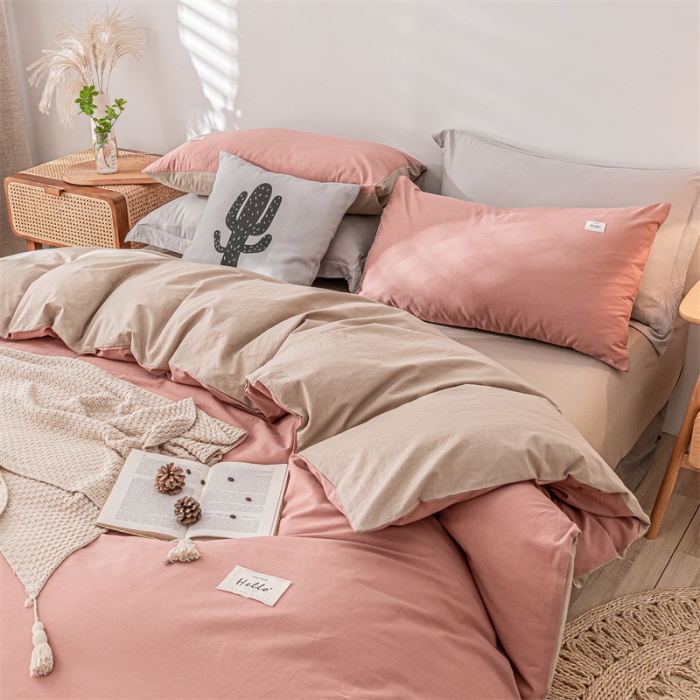 91家纺网 家纺一手货源 找家纺 蓝巢 2021新款全棉色织水洗棉单被套 珊瑚红卡其