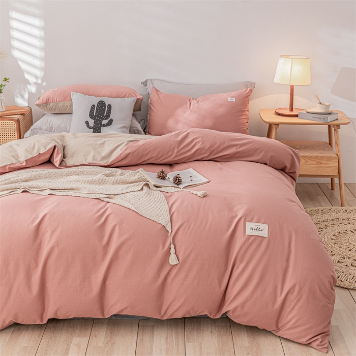 91家纺网 家纺一手货源 找家纺 蓝巢 2021新款全棉色织水洗棉单被套 珊瑚红卡其