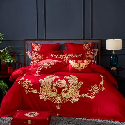 91家纺网 家纺一手货源 找家纺 （总1）红番天热卖款全棉婚庆刺绣四件套