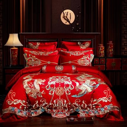 91家纺网 家纺一手货源 找家纺 （总1）红番天热卖款全棉婚庆刺绣四件套