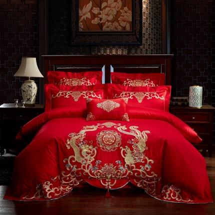 91家纺网 家纺一手货源 找家纺 （总1）红番天热卖款全棉婚庆刺绣四件套