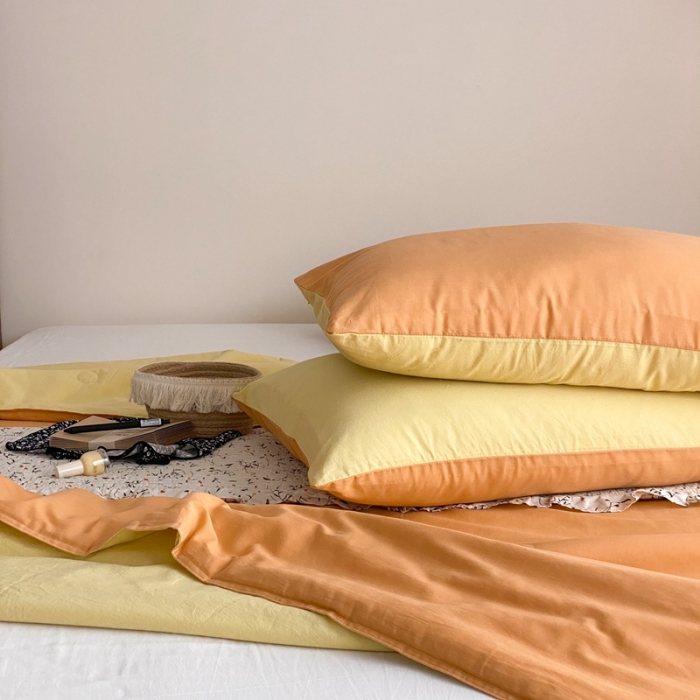 91家纺网 家纺一手货源 找家纺 梦享生活 2022新款水洗棉双拼大豆纤维夏被 橙色双拼柠檬黄