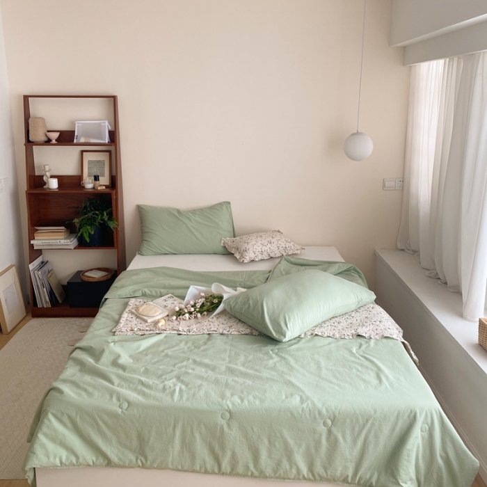 91家纺网 家纺一手货源 找家纺 梦享生活 2022新款水洗棉双拼大豆纤维夏被 淡雅绿