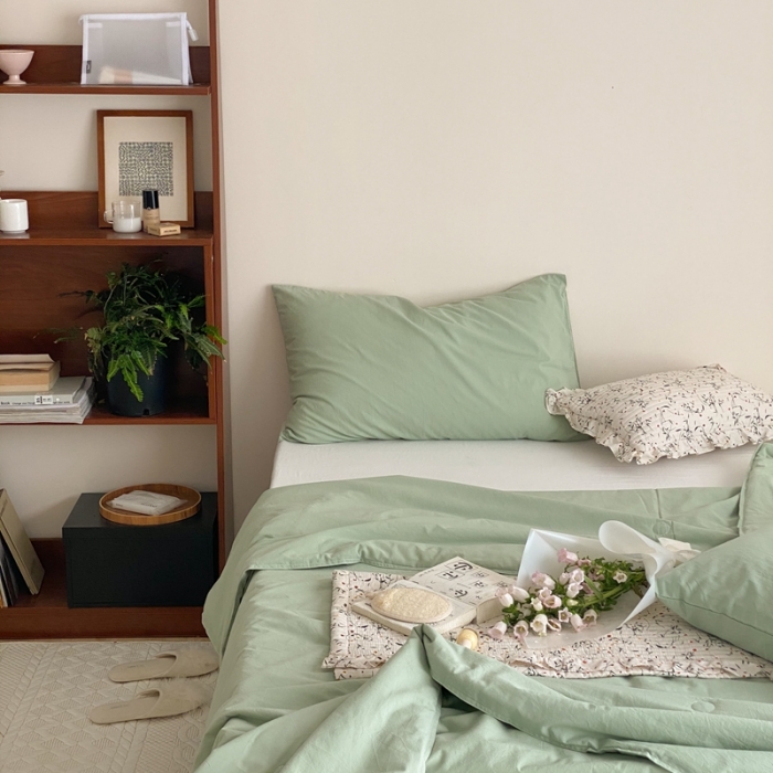 91家纺网 家纺一手货源 找家纺 梦享生活 2022新款水洗棉双拼大豆纤维夏被 淡雅绿