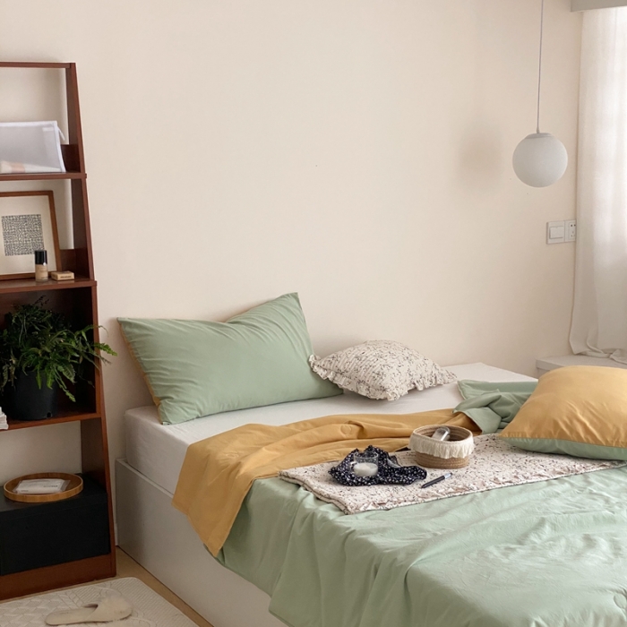 91家纺网 家纺一手货源 找家纺 梦享生活2022新款水洗棉双拼大豆纤维夏被 淡雅绿双拼蜂蜜黄