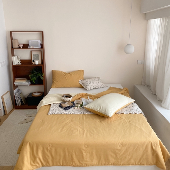 91家纺网 家纺一手货源 找家纺 梦享生活 2022新款水洗棉双拼大豆纤维夏被 蜂蜜黄双拼奶茶