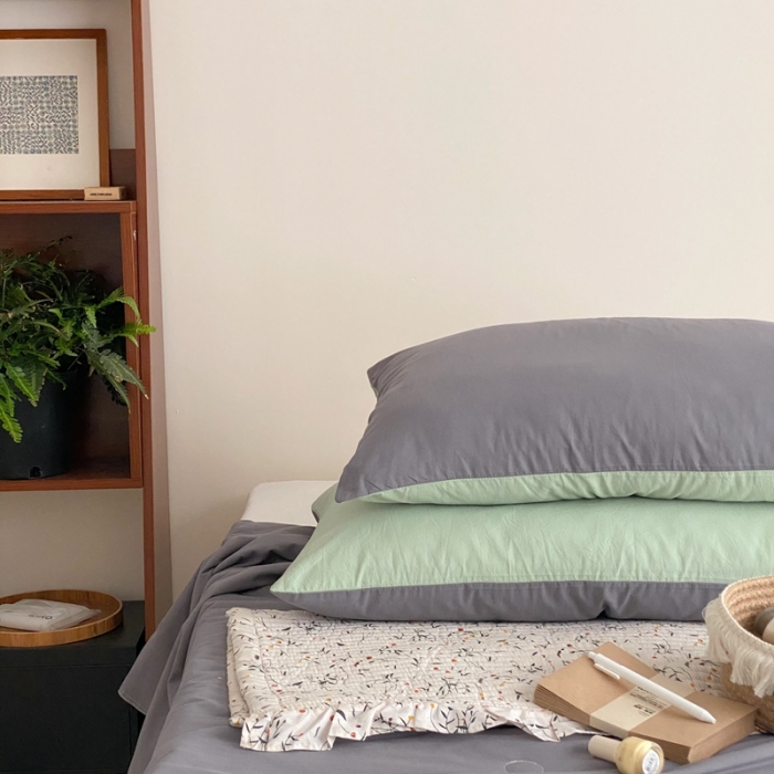 91家纺网 家纺一手货源 找家纺 梦享生活 2022新款水洗棉双拼大豆纤维夏被 灰色双拼淡雅绿