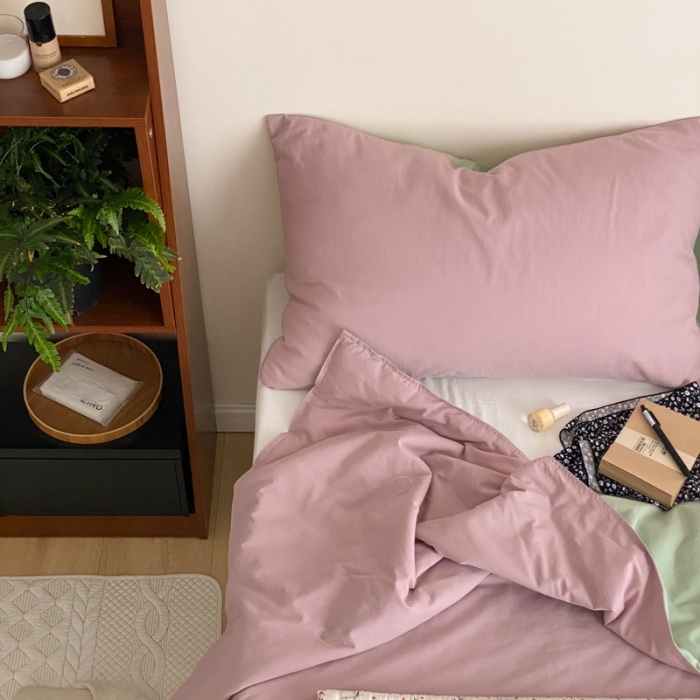 91家纺网 家纺一手货源 找家纺 梦享生活 2022新款水洗棉双拼大豆纤维夏被 藕紫双拼淡雅绿