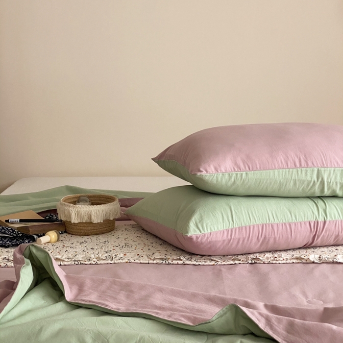 91家纺网 家纺一手货源 找家纺 梦享生活 2022新款水洗棉双拼大豆纤维夏被 藕紫双拼淡雅绿