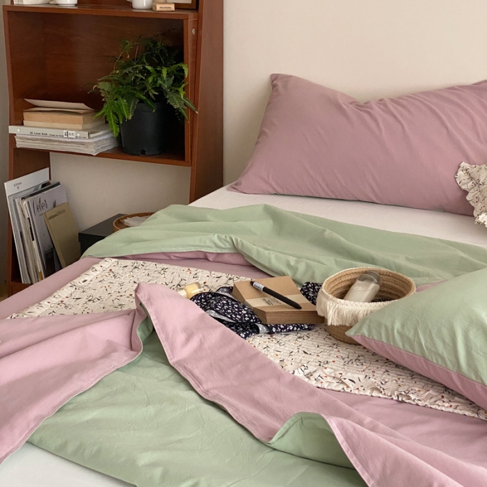 91家纺网 家纺一手货源 找家纺 梦享生活 2022新款水洗棉双拼大豆纤维夏被 藕紫双拼淡雅绿