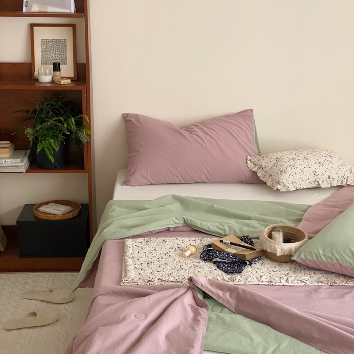 91家纺网 家纺一手货源 找家纺 梦享生活 2022新款水洗棉双拼大豆纤维夏被 藕紫双拼淡雅绿