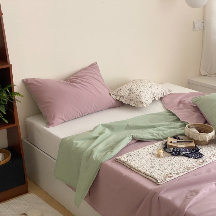 91家纺网 家纺一手货源 找家纺 梦享生活 2022新款水洗棉双拼大豆纤维夏被 藕紫双拼淡雅绿