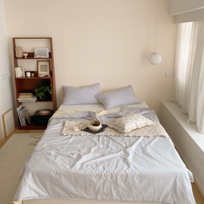 91家纺网 家纺一手货源 找家纺 梦享生活 2022新款水洗棉双拼大豆纤维夏被 浅蓝双拼奶茶