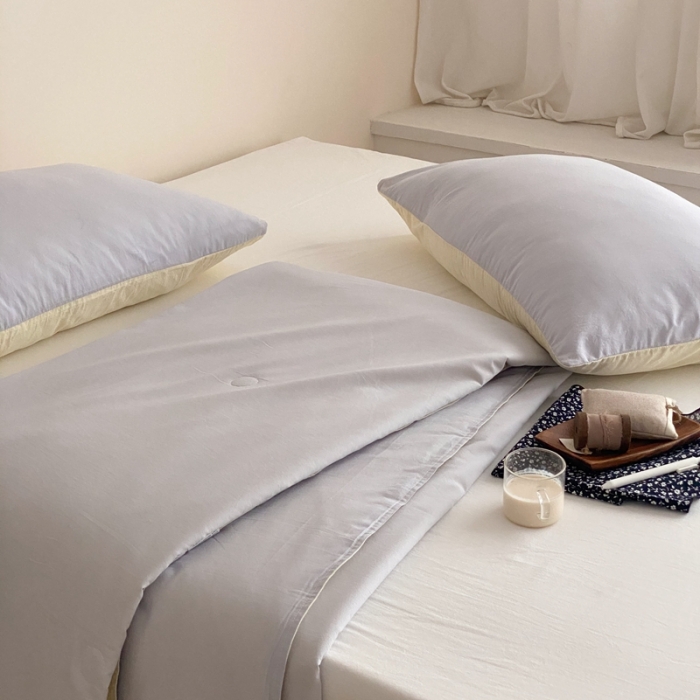 91家纺网 家纺一手货源 找家纺 梦享生活 2022新款水洗棉双拼大豆纤维夏被 浅蓝双拼奶茶