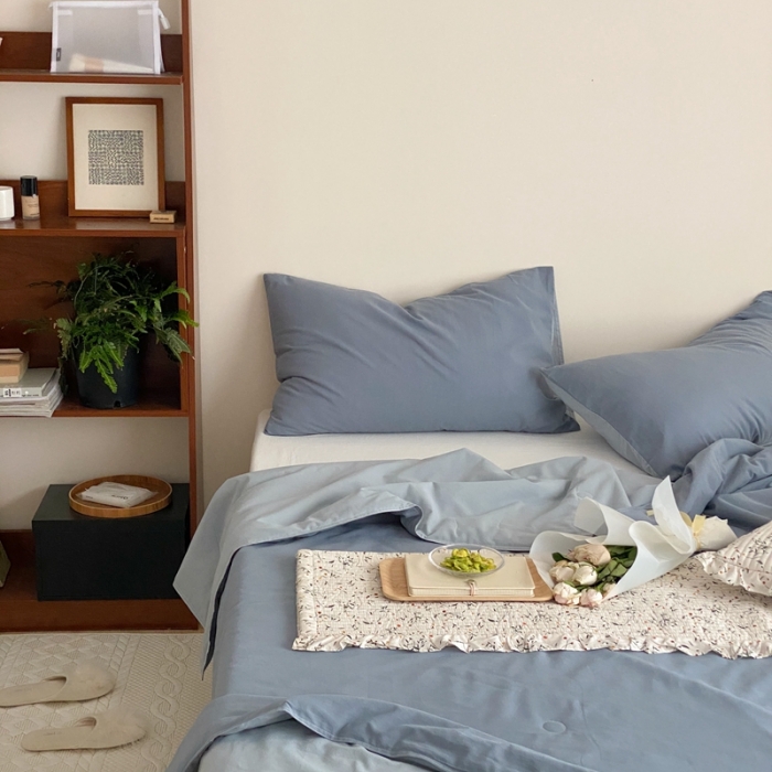 91家纺网 家纺一手货源 找家纺 梦享生活 2022新款水洗棉双拼大豆纤维夏被 雾蓝双拼