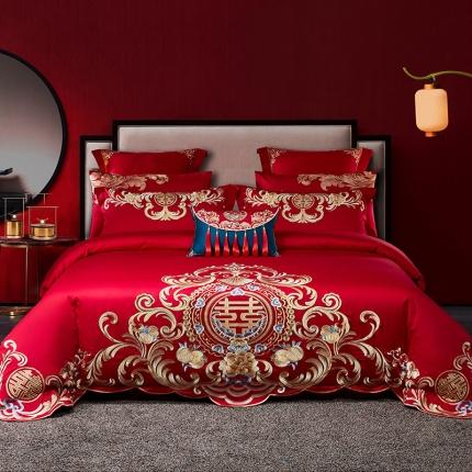 91家纺网 家纺一手货源 找家纺 红番天 热卖款全棉婚庆刺绣四件套 锦绣年华