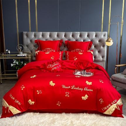 91家纺网 家纺一手货源 找家纺 红番天 热卖款全棉婚庆刺绣四件套 相拥幸福-红