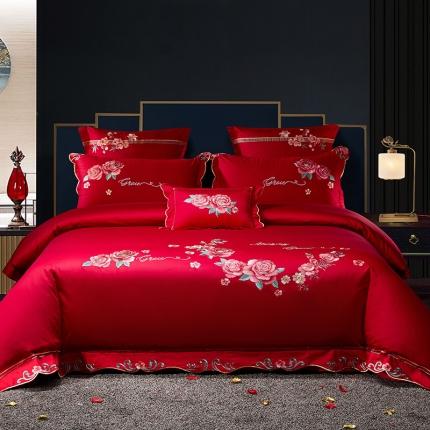 91家纺网 家纺一手货源 找家纺 红番天 热卖款全棉婚庆刺绣四件套 因为有你-红