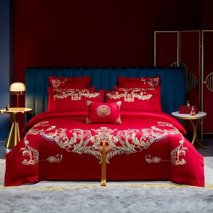 91家纺网 家纺一手货源 找家纺 红番天 热卖款全棉婚庆刺绣四件套 缘系一生