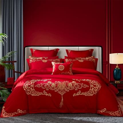 91家纺网 家纺一手货源 找家纺 红番天 热卖款全棉婚庆刺绣四件套 真我风采